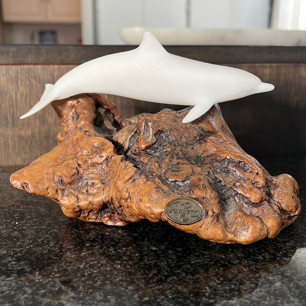 VINTAGE John Perry Dolphin Sculpture Figurine on Burlwood Drift Wood 7.5" Long